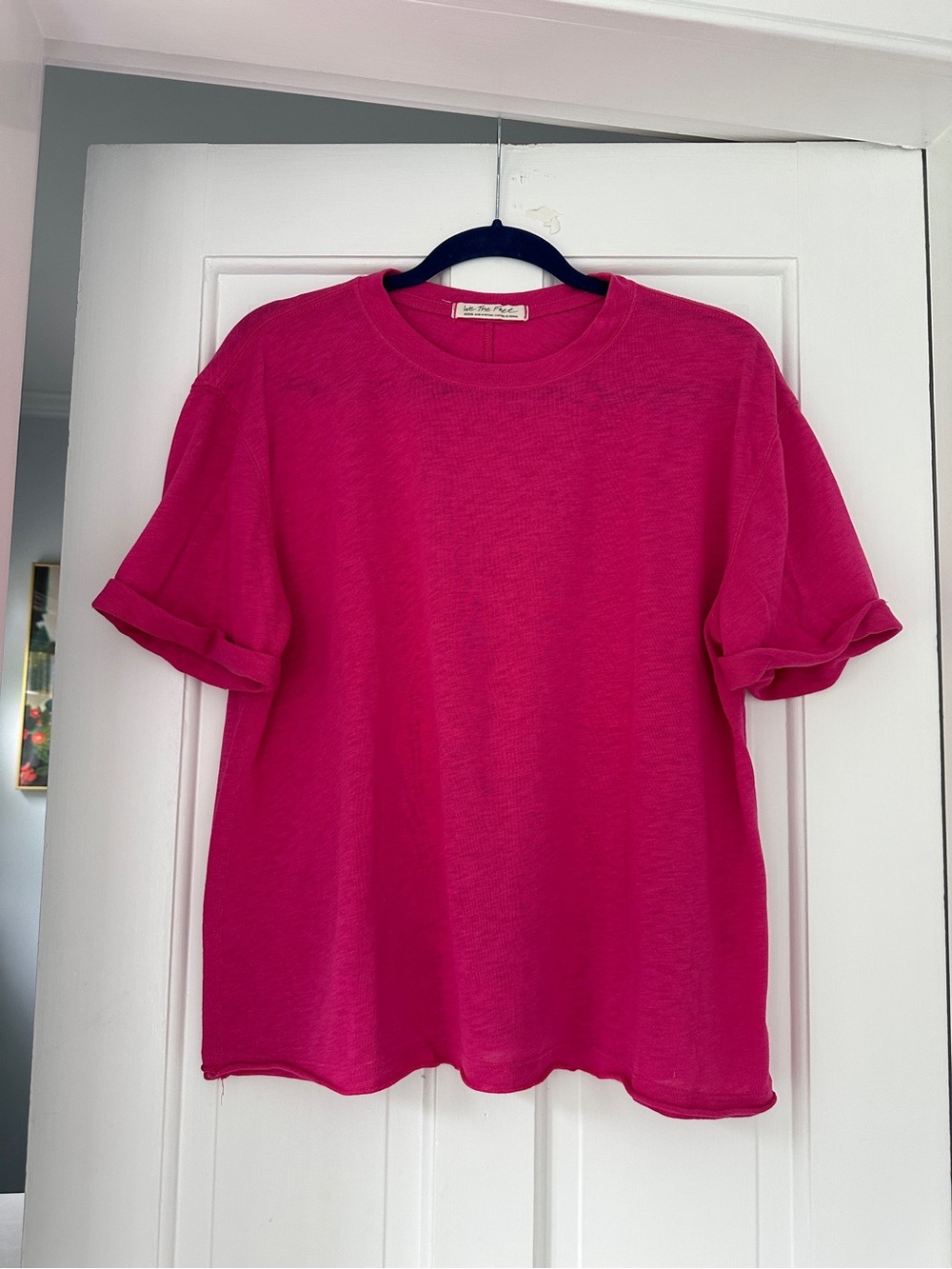 Free People We the Free Pink Cuffed Oversized Relaxed Fit Tee Shirt in Size M
